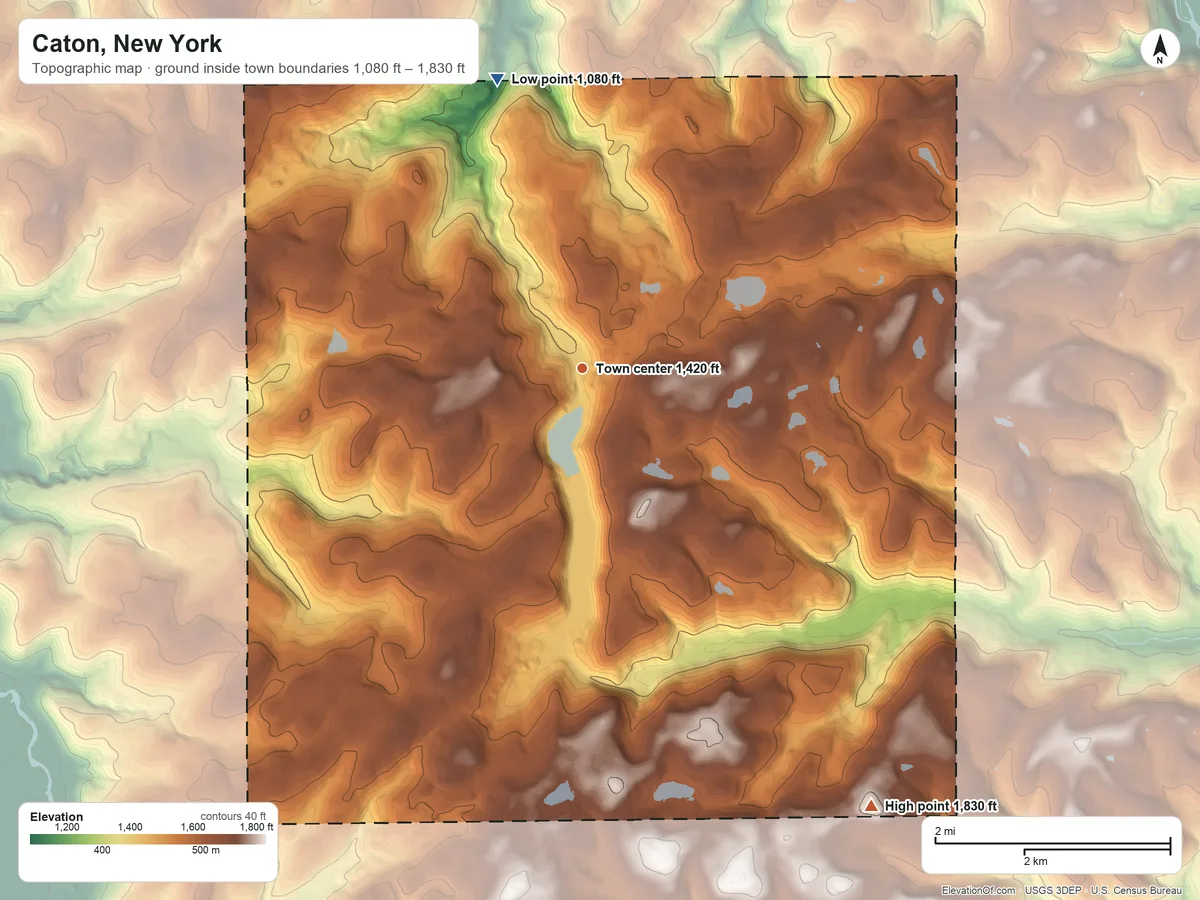 Topographic elevation map of Caton, New York, shaded from 1,080 ft on the north side to 1,830 ft on Kelly Hill