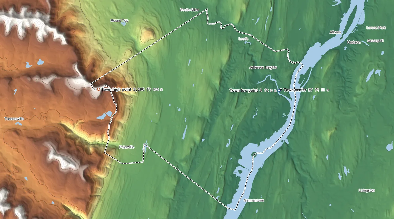 Topographic elevation map of Catskill, New York, shaded from 0 ft near the middle to 3,190 ft on North Mountain