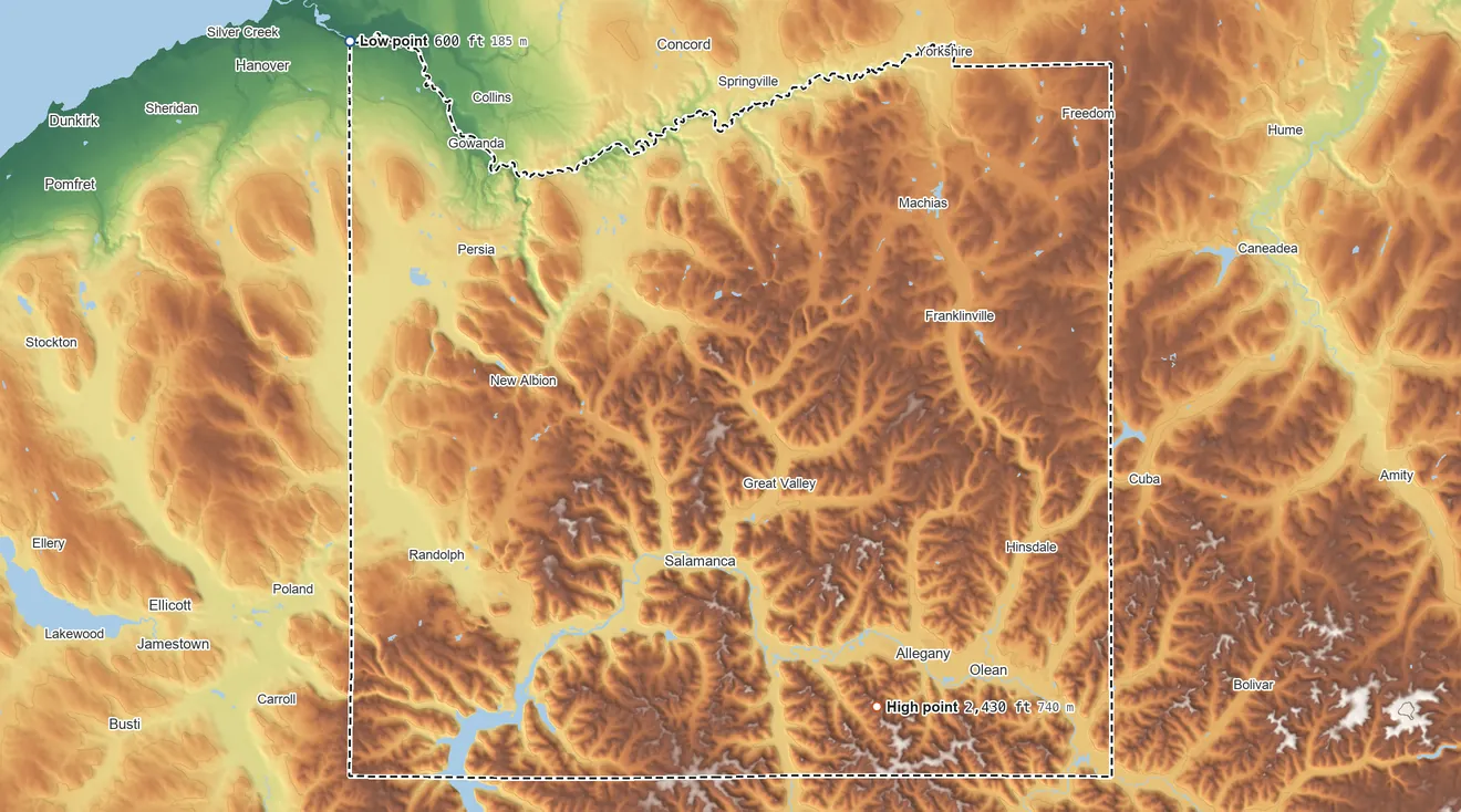 Topographic elevation map of Cattaraugus County, New York, shaded from 600 ft on the northwest side to 2,430 ft on the southeast side