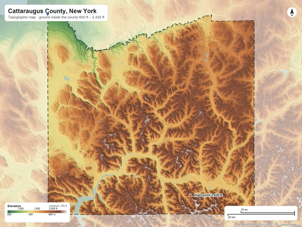 Topographic elevation map of Cattaraugus County, New York, shaded from 600 ft on the northwest side to 2,430 ft on the southeast side