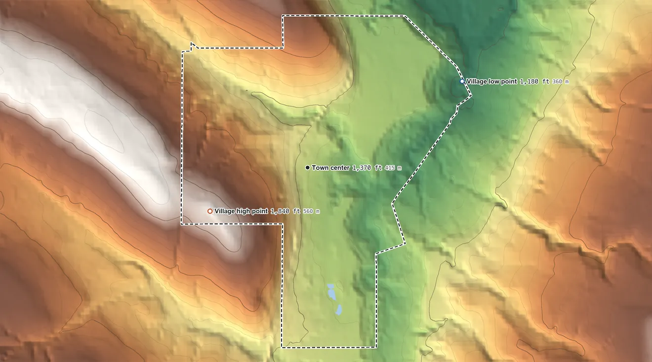 Topographic elevation map of Cattaraugus, New York, shaded from 1,180 ft on the northeast side to 1,840 ft on the southwest side