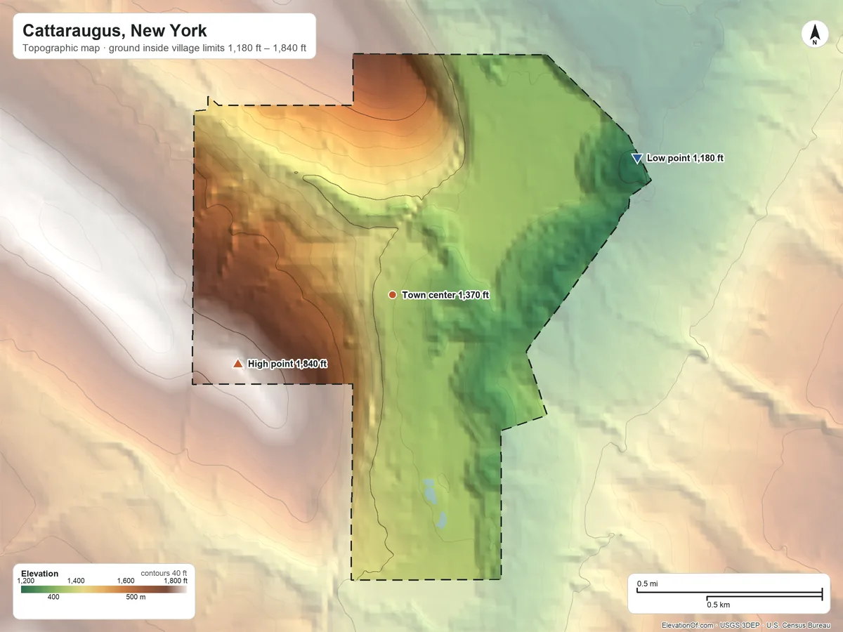 Topographic elevation map of Cattaraugus, New York, shaded from 1,180 ft on the northeast side to 1,840 ft on the southwest side