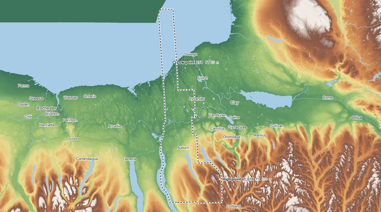 Topographic elevation map of Cayuga County, New York, shaded from 250 ft on the north side to 1,870 ft on the south side