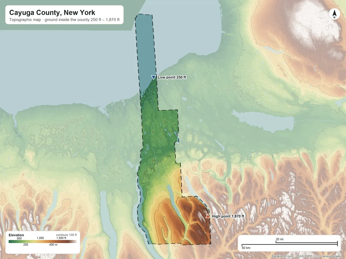 Topographic elevation map of Cayuga County, New York, shaded from 250 ft on the north side to 1,870 ft on the south side