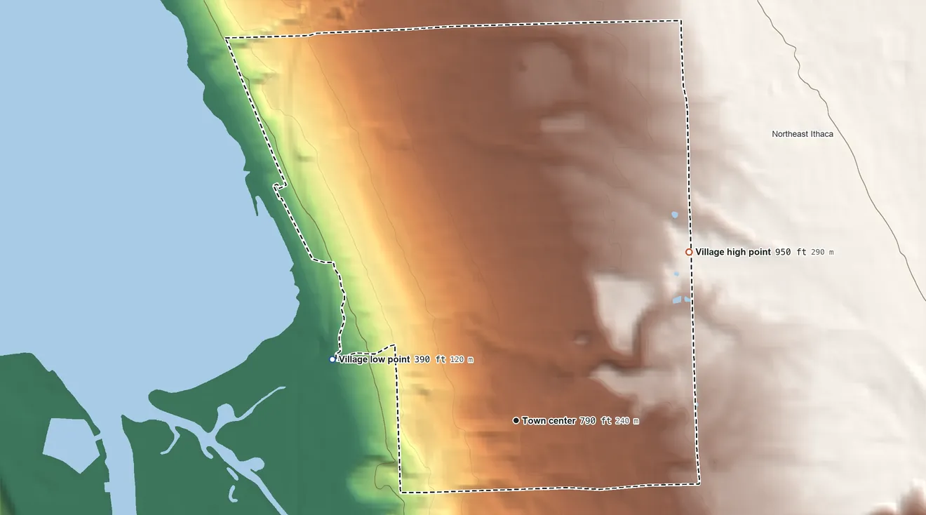 Topographic elevation map of Cayuga Heights, New York, shaded from 390 ft on the west side to 950 ft on the northeast side