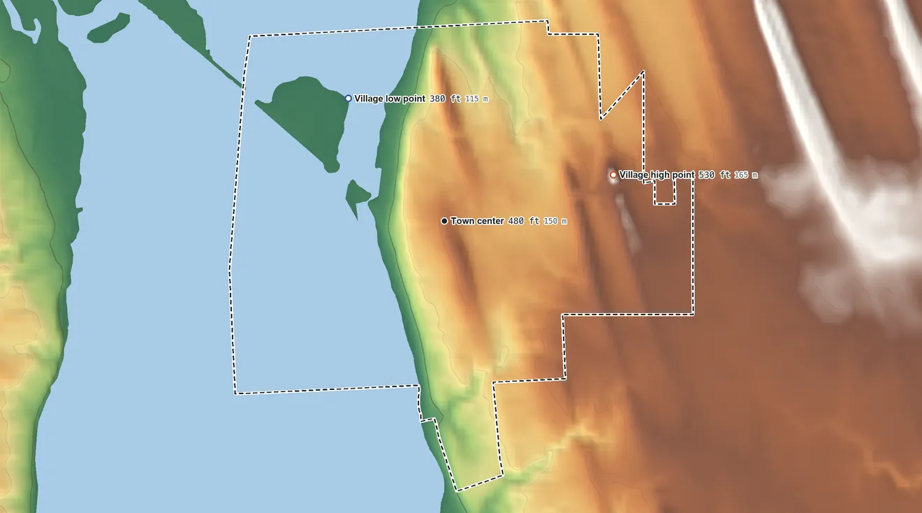 Topographic elevation map of Cayuga, New York, shaded from 380 ft on the northwest side to 530 ft on the east side