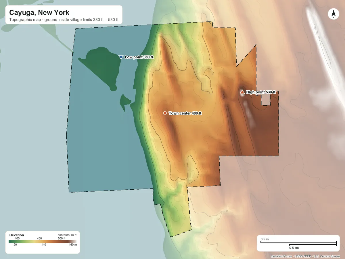 Topographic elevation map of Cayuga, New York, shaded from 380 ft on the northwest side to 530 ft on the east side