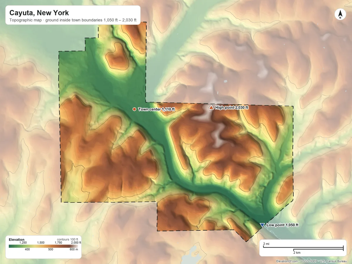 Topographic elevation map of Cayuta, New York, shaded from 1,050 ft on the southeast side to 2,030 ft on the east side