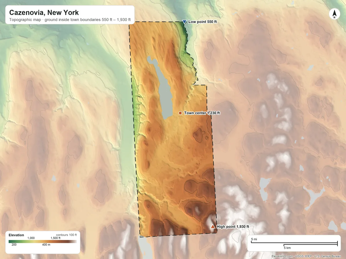 Topographic elevation map of Cazenovia, New York, shaded from 550 ft on the north side to 1,930 ft on the south side