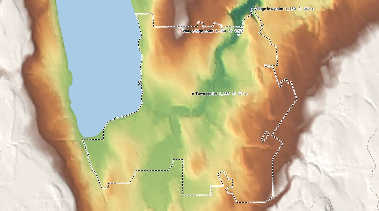 Topographic elevation map of Village of Cazenovia, New York, shaded from 1,150 ft on the northeast side to 1,360 ft on the north side