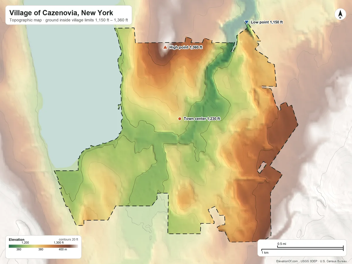 Topographic elevation map of Village of Cazenovia, New York, shaded from 1,150 ft on the northeast side to 1,360 ft on the north side