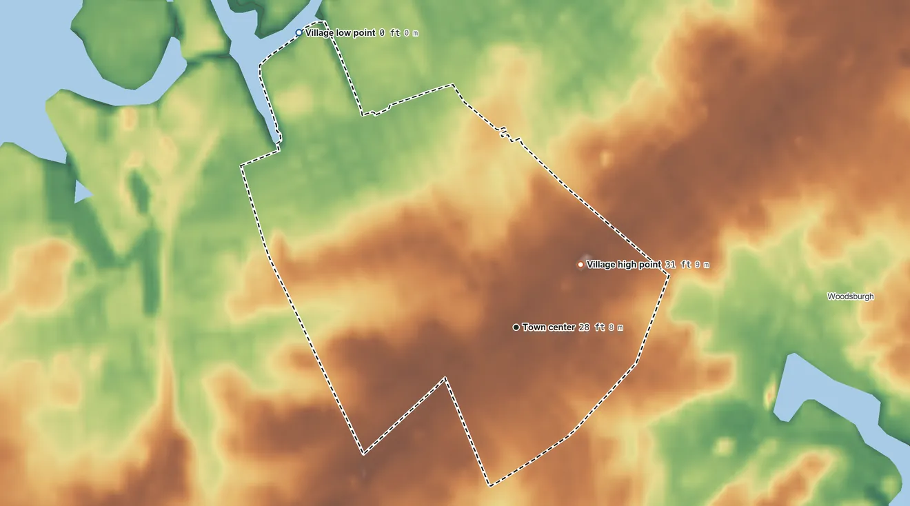 Topographic elevation map of Cedarhurst, New York, shaded from 0 ft on the northwest side to 31 ft on the northeast side