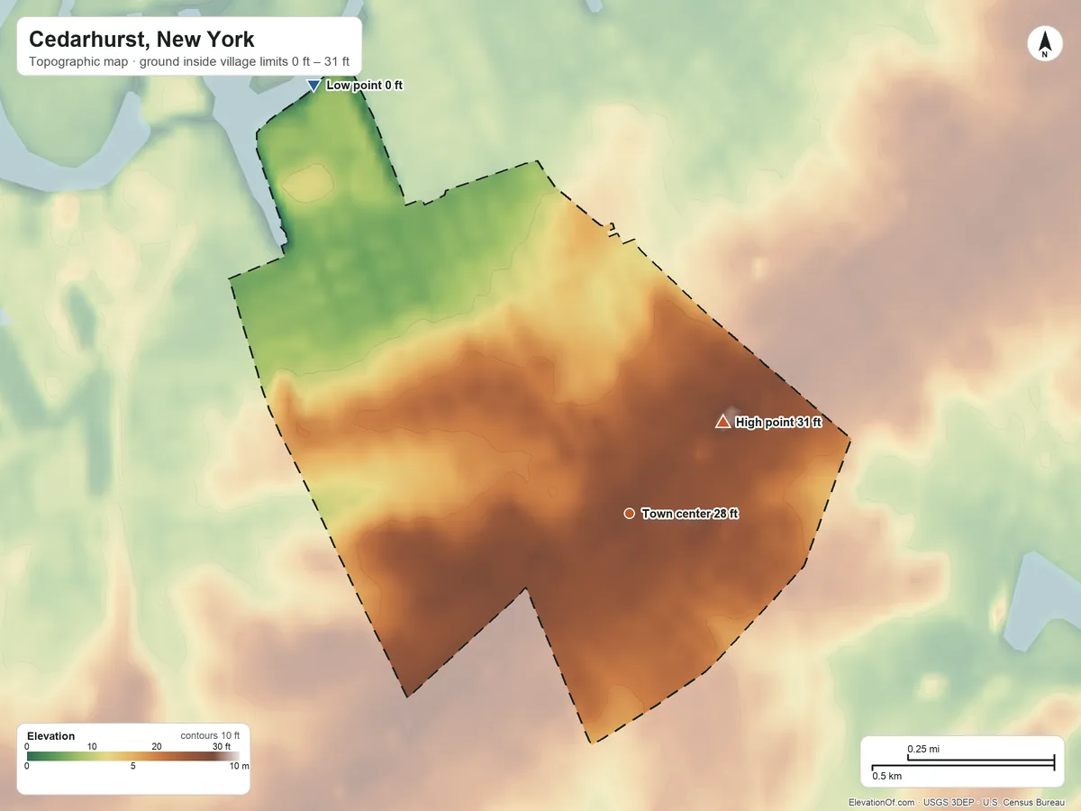 Topographic elevation map of Cedarhurst, New York, shaded from 0 ft on the northwest side to 31 ft on the northeast side