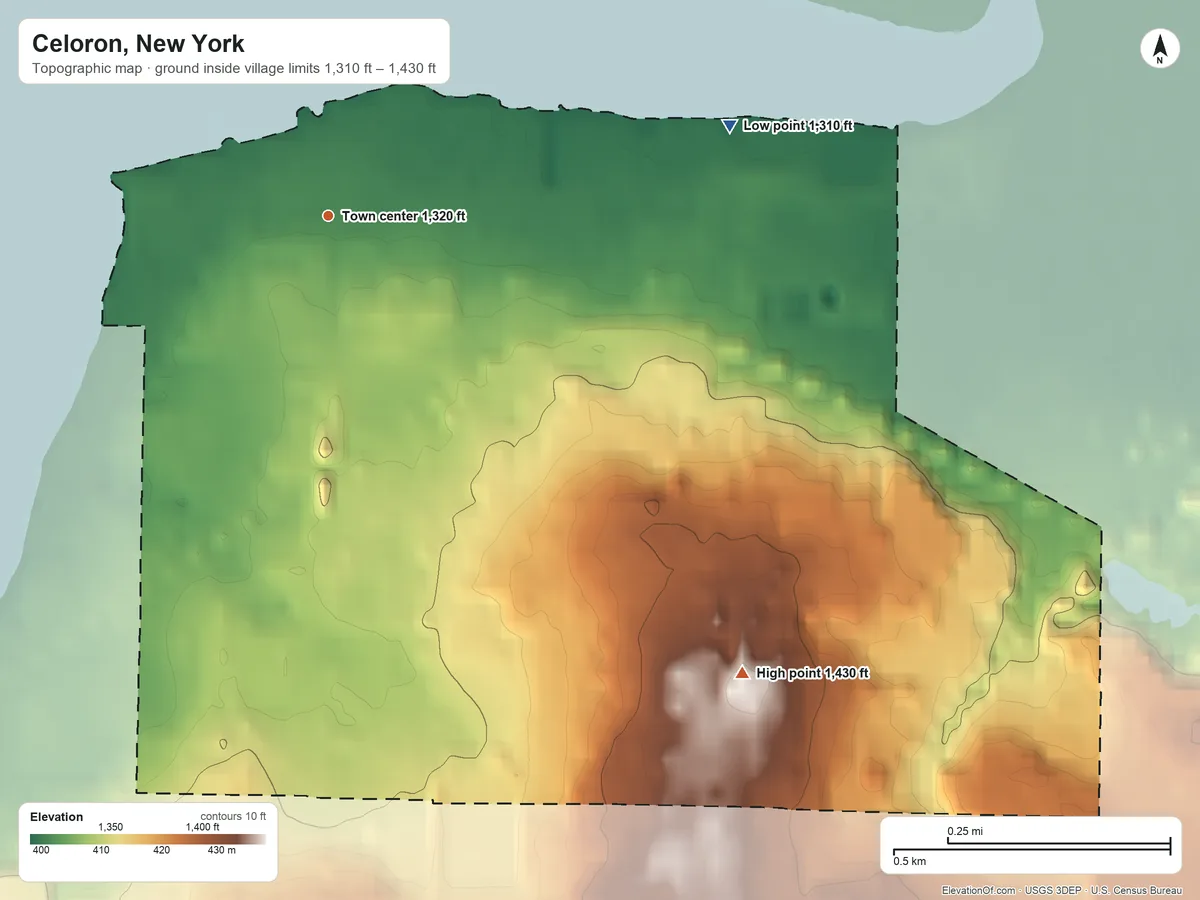 Topographic elevation map of Celoron, New York, shaded from 1,310 ft on the east side to 1,430 ft on the southeast side