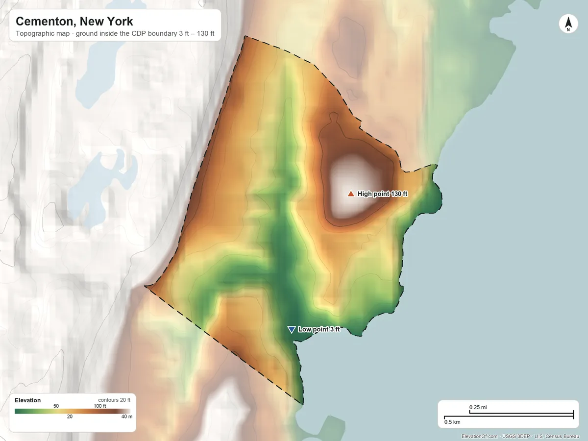 Topographic elevation map of Cementon, New York, shaded from 3 ft on the southeast side to 130 ft on the east side