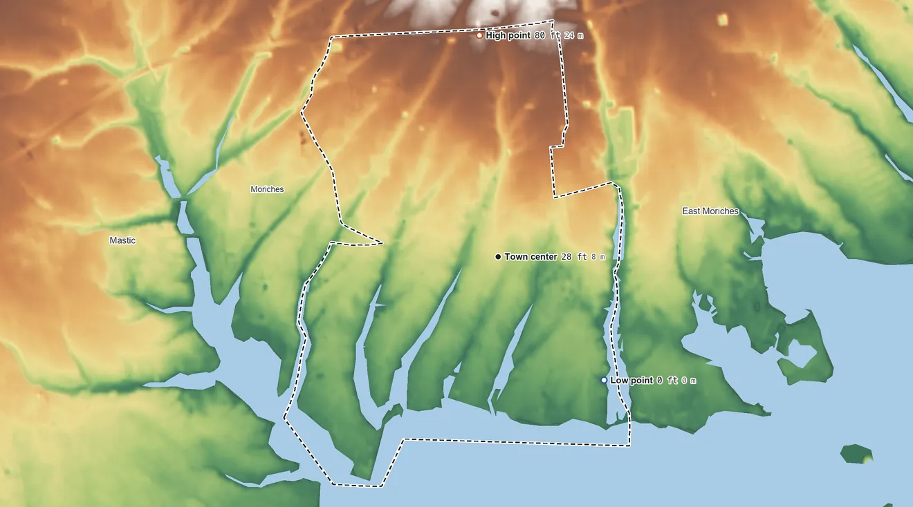 Topographic elevation map of Center Moriches, New York, shaded from sea level level on Great South Bay to 80 ft on the north side