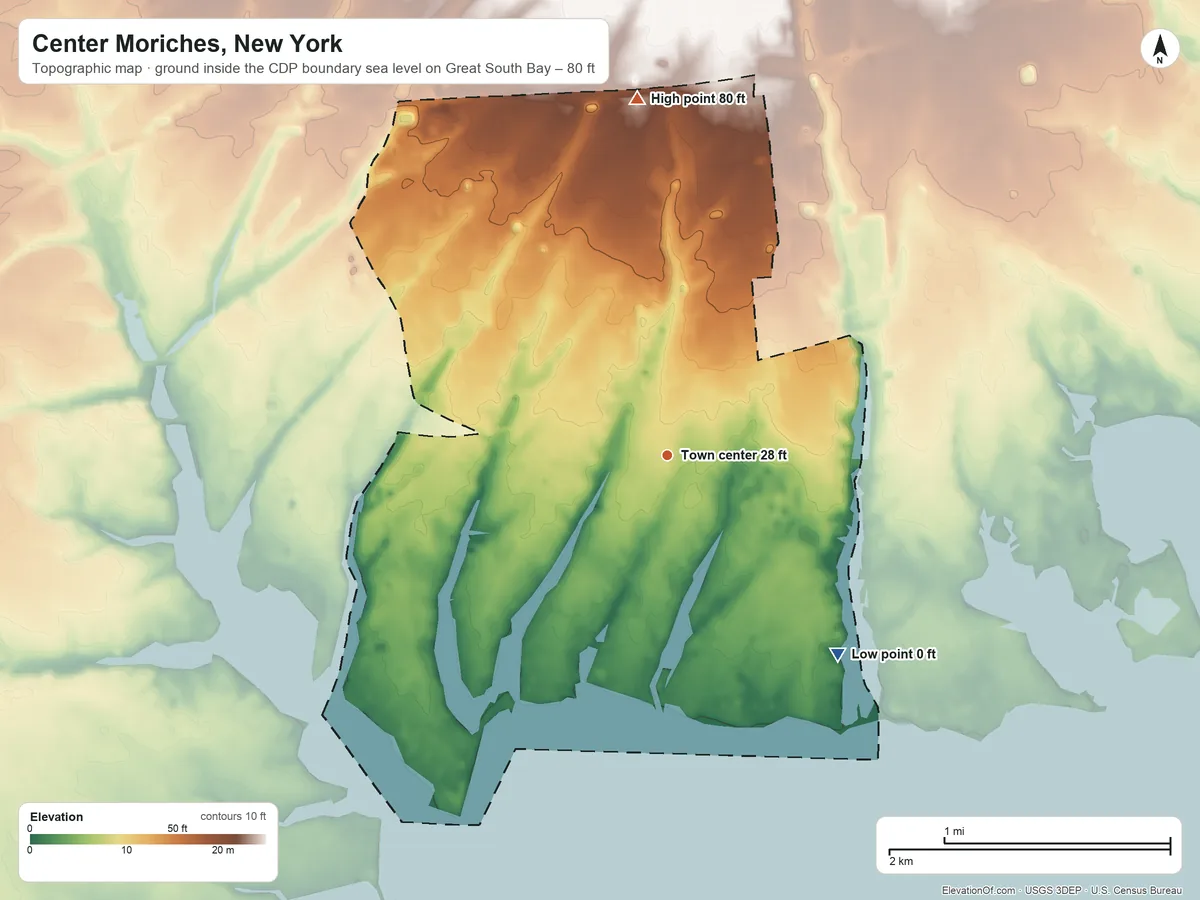 Topographic elevation map of Center Moriches, New York, shaded from sea level level on Great South Bay to 80 ft on the north side