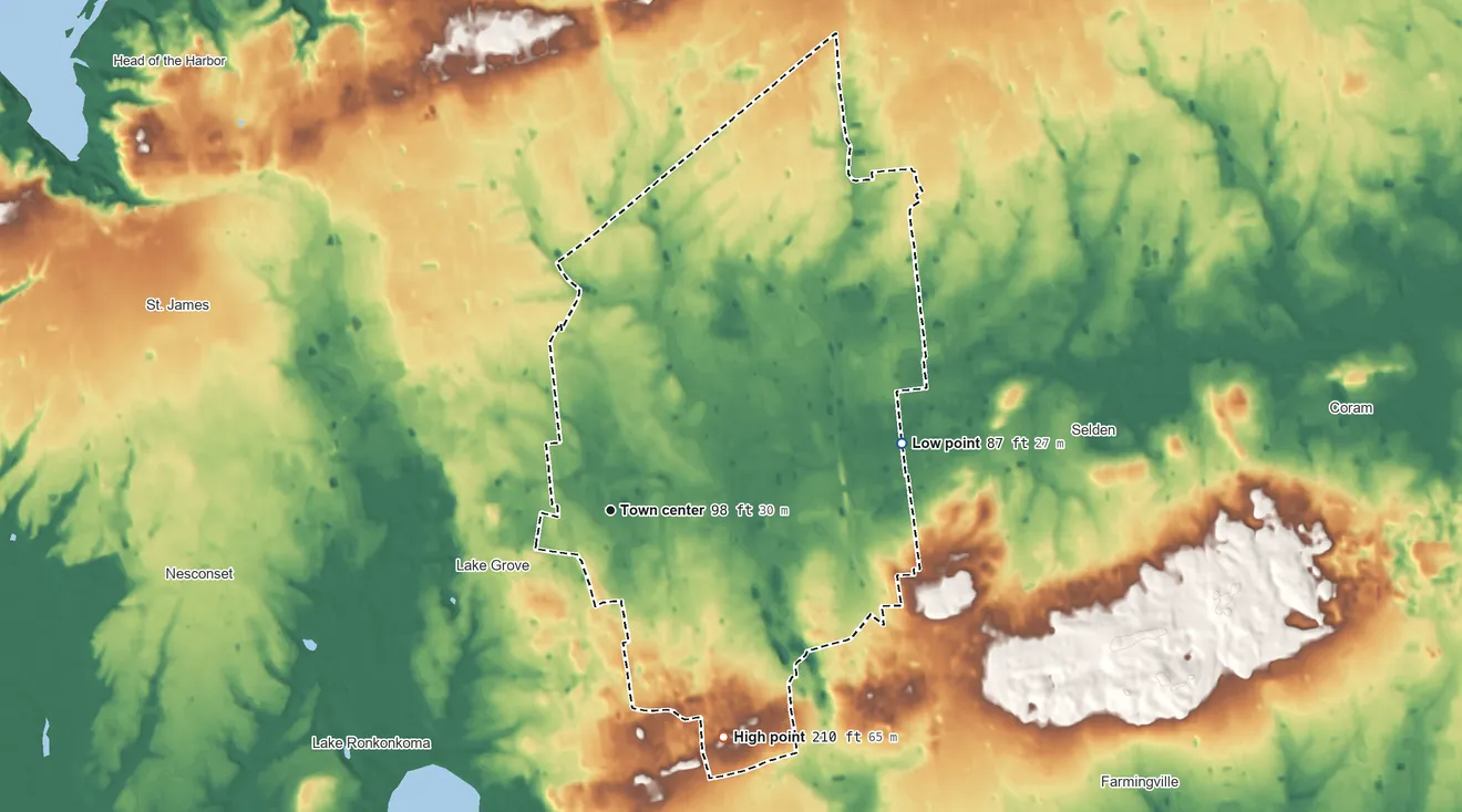 Topographic elevation map of Centereach, New York, shaded from 87 ft on the east side to 210 ft on the southeast side