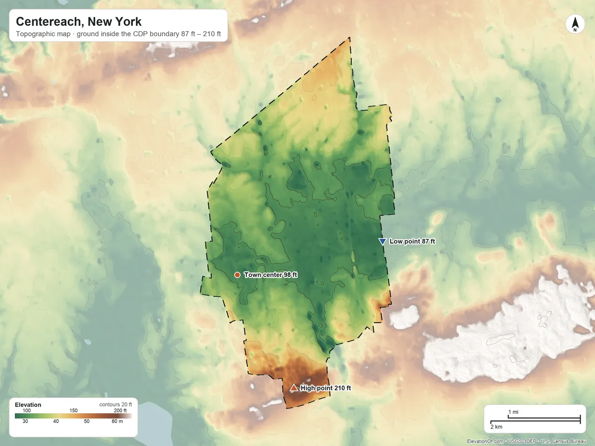 Topographic elevation map of Centereach, New York, shaded from 87 ft on the east side to 210 ft on the southeast side