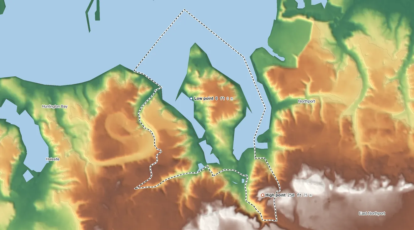 Topographic elevation map of Centerport, New York, shaded from sea level level on Northport Harbor to 250 ft on the southeast side