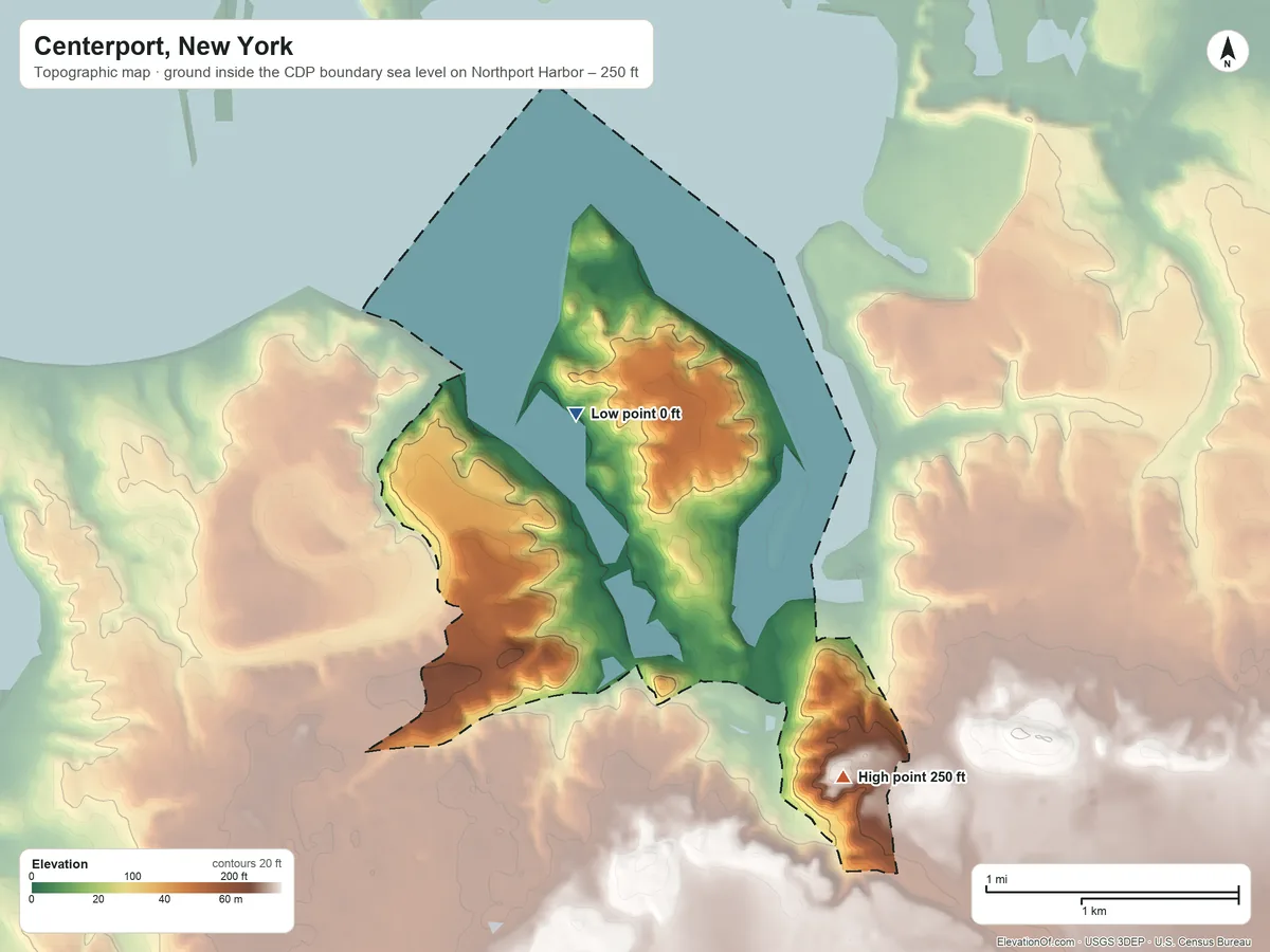 Topographic elevation map of Centerport, New York, shaded from sea level level on Northport Harbor to 250 ft on the southeast side