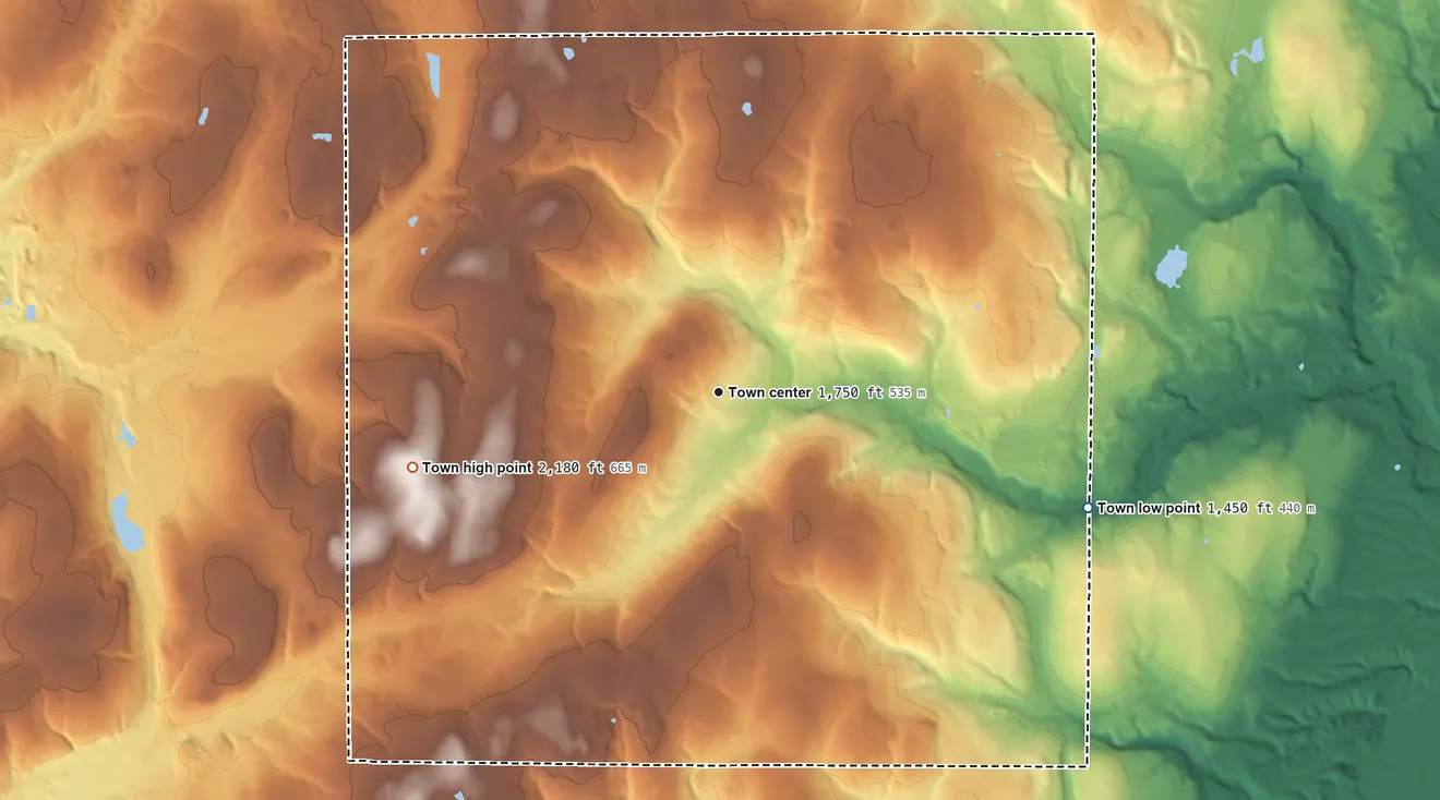 Topographic elevation map of Centerville, New York, shaded from 1,450 ft on the east side to 2,180 ft on the west side