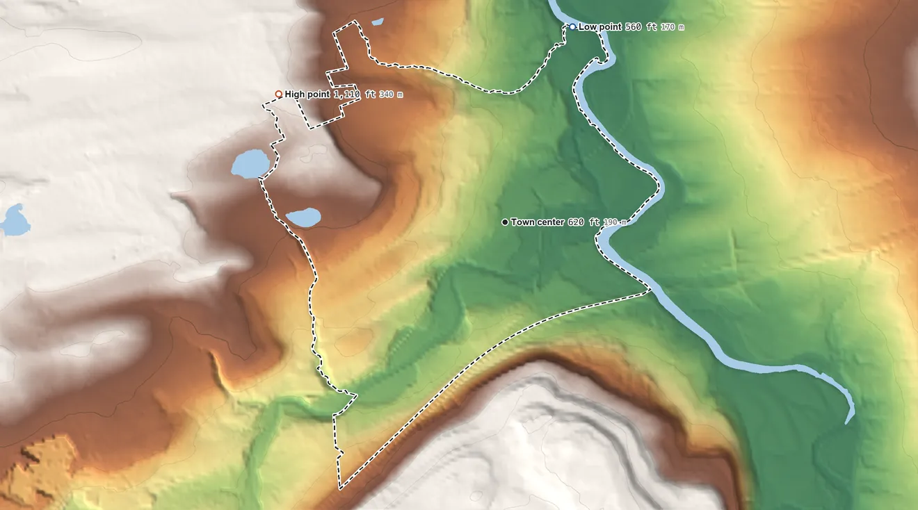 Topographic elevation map of Central Bridge, New York, shaded from 560 ft on the north side to 1,110 ft on the northwest side
