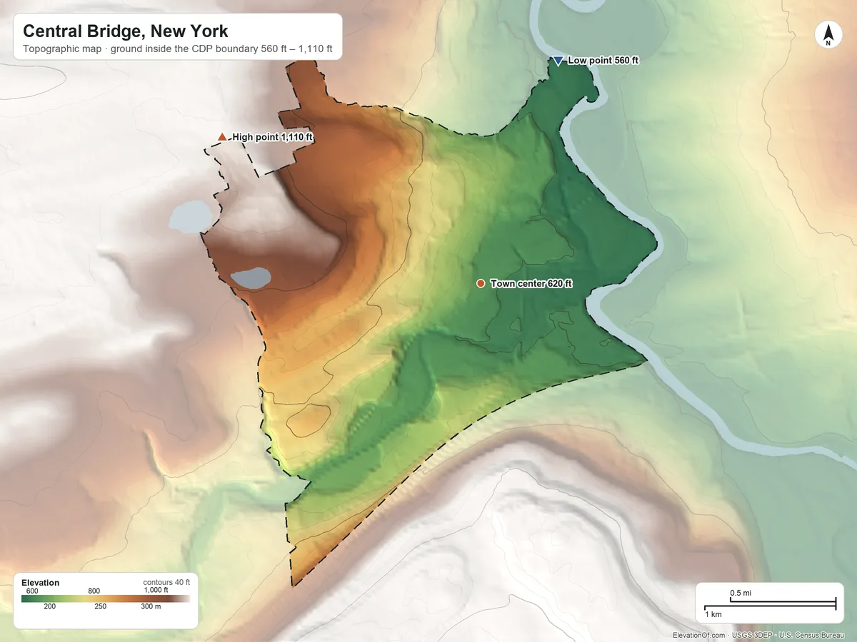 Topographic elevation map of Central Bridge, New York, shaded from 560 ft on the north side to 1,110 ft on the northwest side