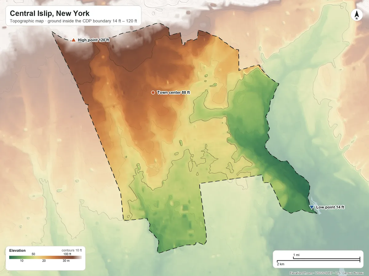 Topographic elevation map of Central Islip, New York, shaded from 14 ft on the southeast side to 120 ft on the northwest side