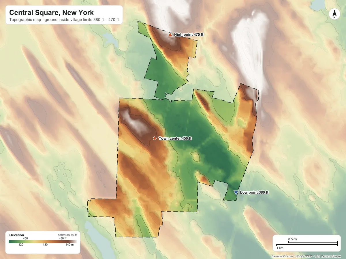 Topographic elevation map of Central Square, New York, shaded from 380 ft on the southeast side to 470 ft on the north side