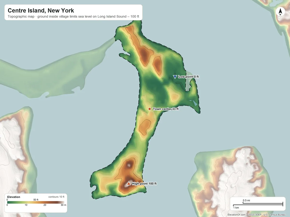 Topographic elevation map of Centre Island, New York, shaded from sea level level on Long Island Sound to 100 ft on the south side