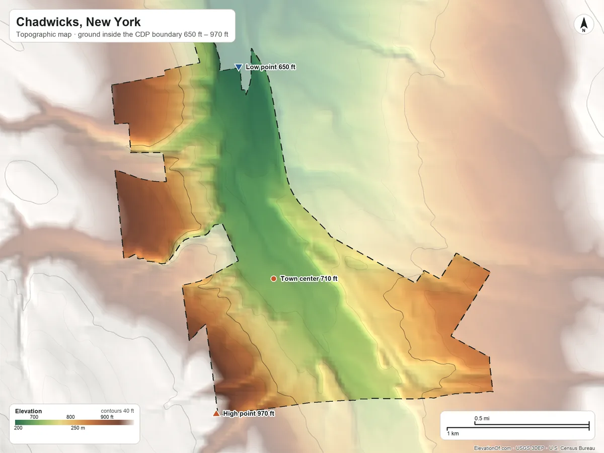 Topographic elevation map of Chadwicks, New York, shaded from 650 ft on the north side to 970 ft on the southwest edge, below higher ground just outside
