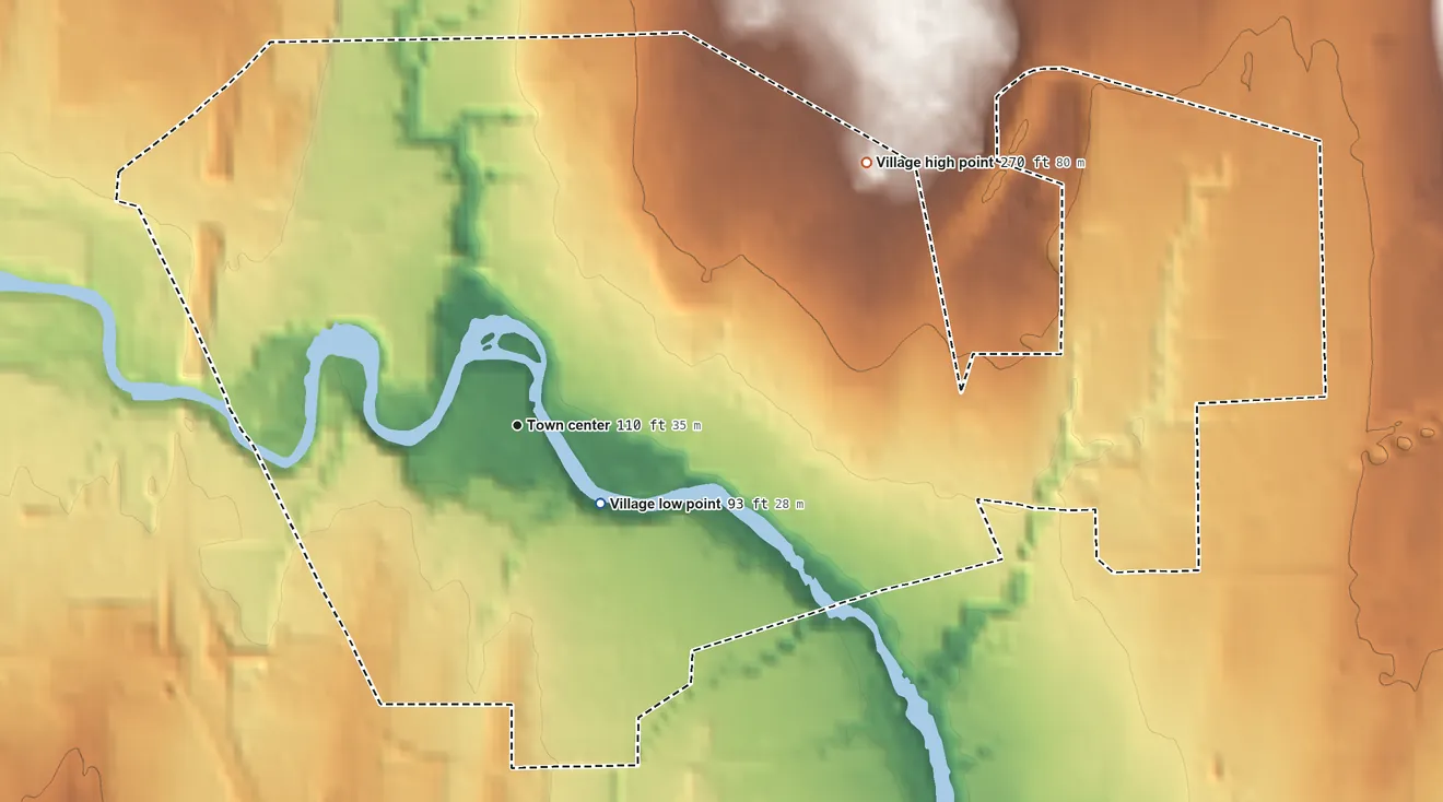 Topographic elevation map of Village of Champlain, New York, shaded from 93 ft near the middle to 270 ft on the northeast side