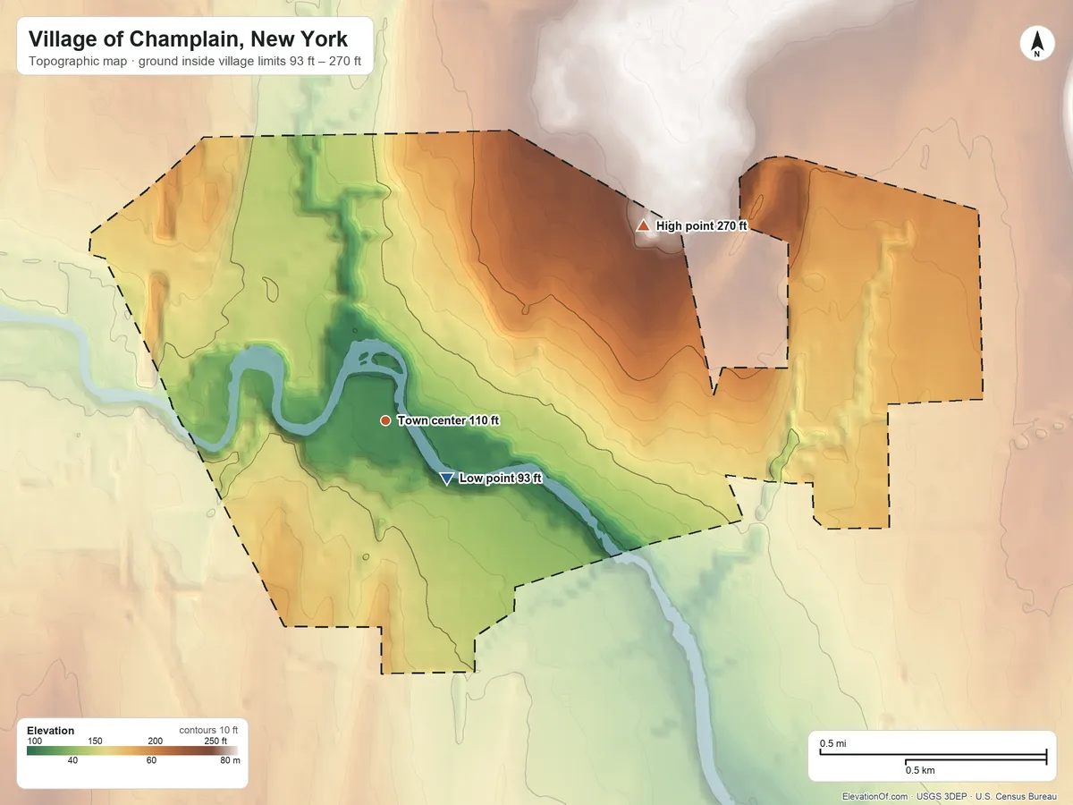 Topographic elevation map of Village of Champlain, New York, shaded from 93 ft near the middle to 270 ft on the northeast side