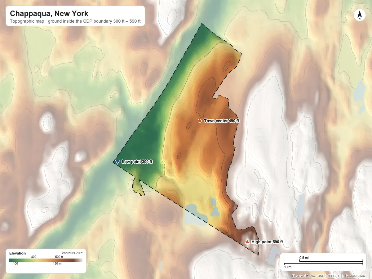 Topographic elevation map of Chappaqua, New York, shaded from 300 ft on the southwest side to 590 ft on the south side