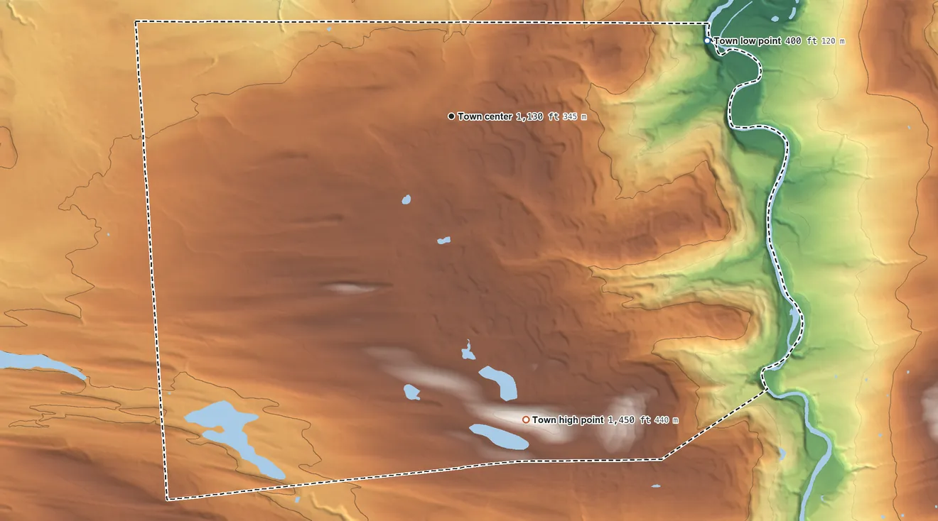 Topographic elevation map of Charleston, New York, shaded from 400 ft on the east side to 1,450 ft on the south side