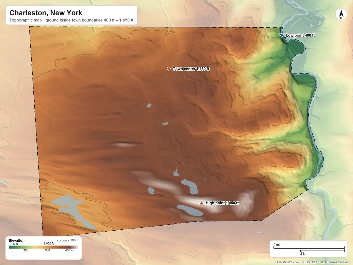 Topographic elevation map of Charleston, New York, shaded from 400 ft on the east side to 1,450 ft on the south side