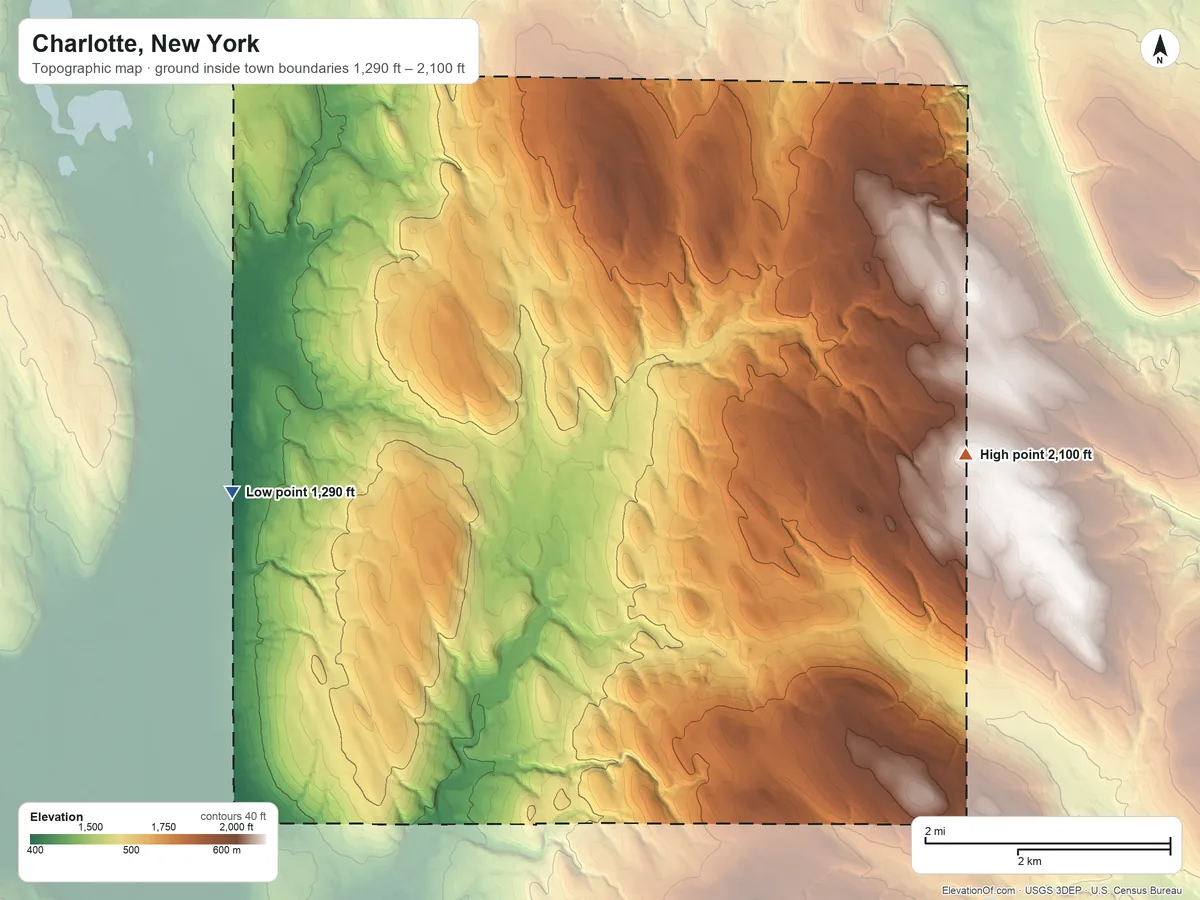 Topographic elevation map of Charlotte, New York, shaded from 1,290 ft on the west side to 2,100 ft on Arab Hill