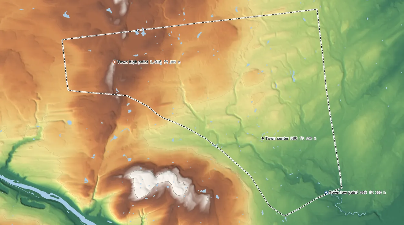 Topographic elevation map of Charlton, New York, shaded from 340 ft on the southeast side to 1,010 ft on the northwest side