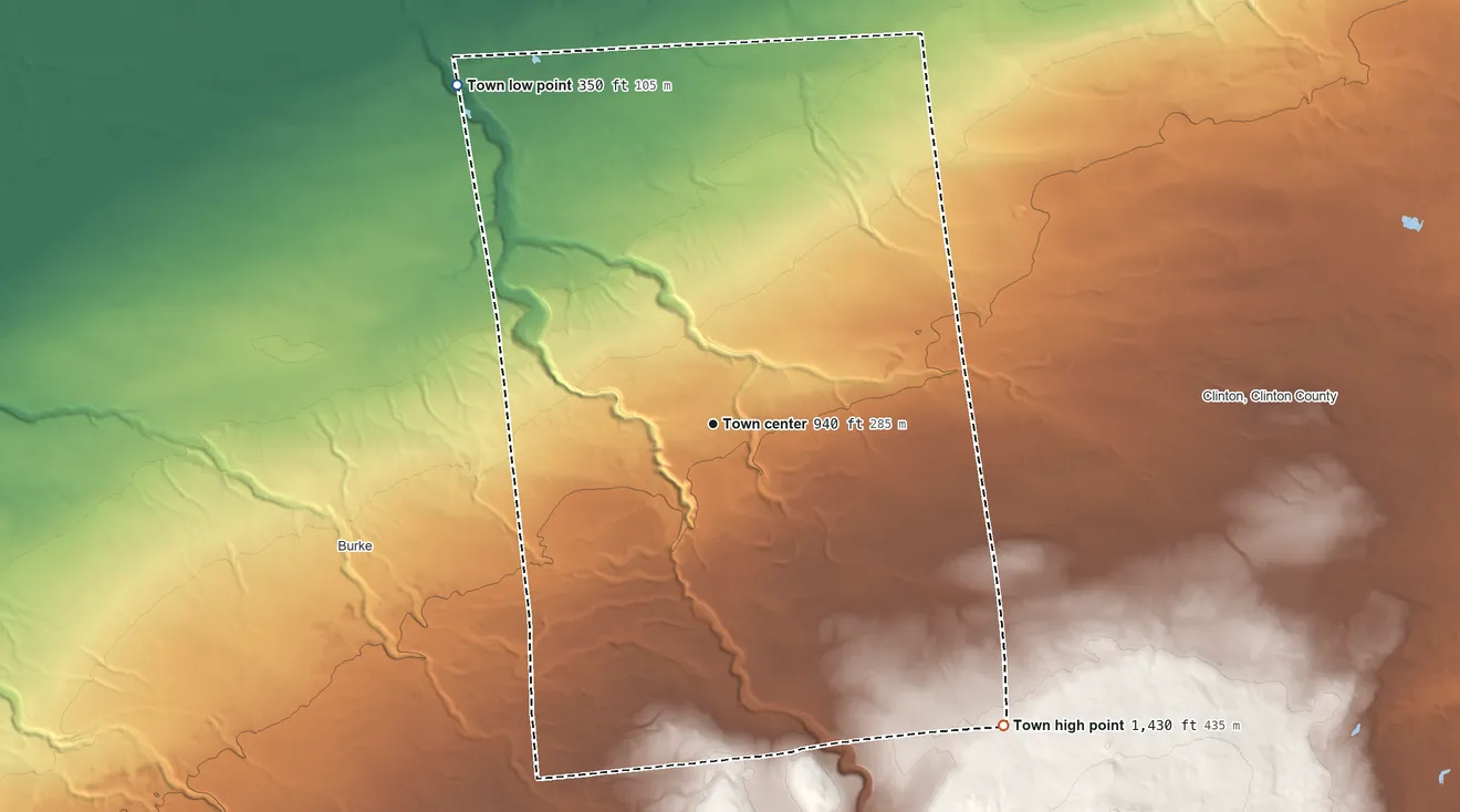 Topographic elevation map of Chateaugay, New York, shaded from 350 ft on the northwest side to 1,430 ft on the southeast edge, below higher ground just outside