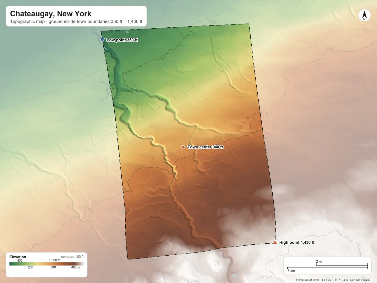 Topographic elevation map of Chateaugay, New York, shaded from 350 ft on the northwest side to 1,430 ft on the southeast edge, below higher ground just outside