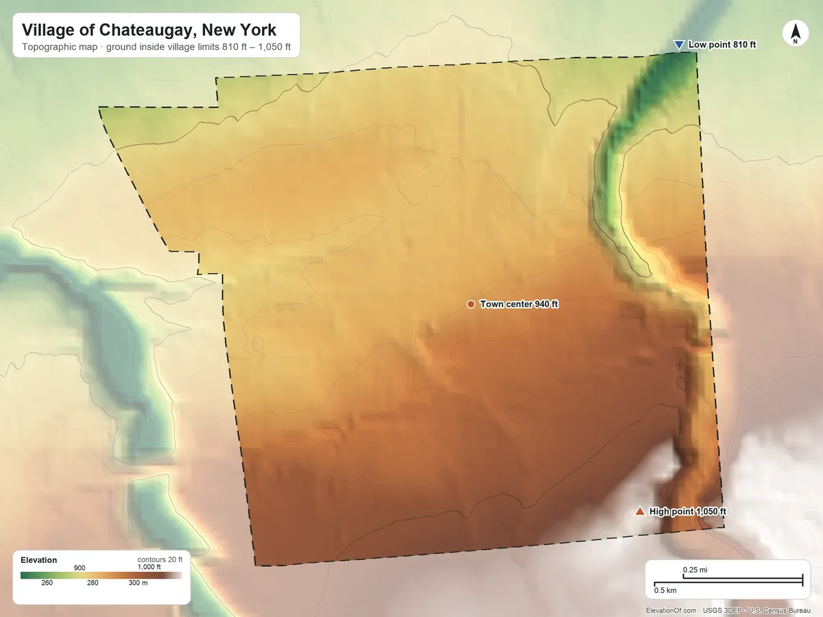 Topographic elevation map of Village of Chateaugay, New York, shaded from 810 ft on the northeast side to 1,050 ft on the southeast side