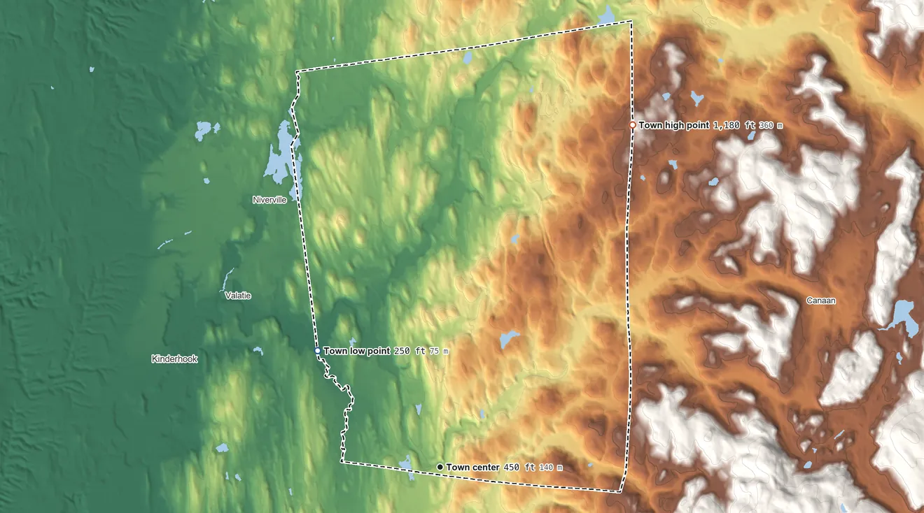 Topographic elevation map of Chatham, New York, shaded from 250 ft on the northwest side to 1,180 ft on the northeast side