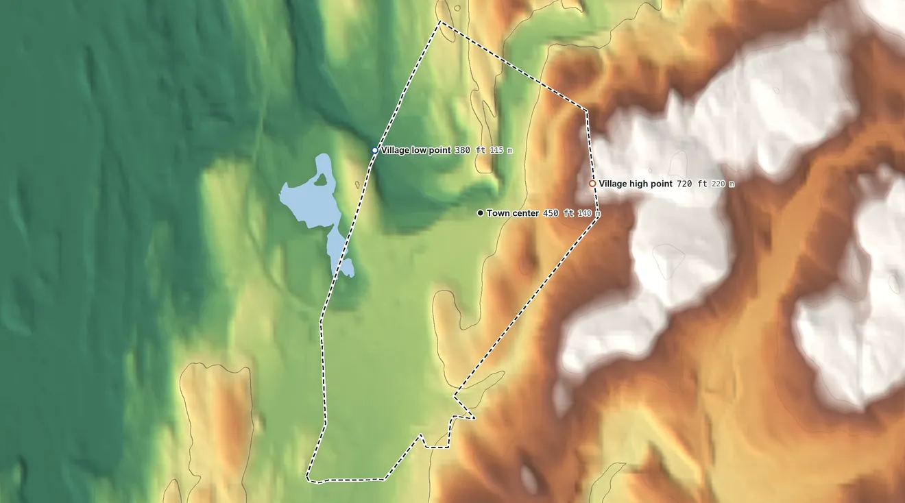 Topographic elevation map of Village of Chatham, New York, shaded from 380 ft on the northwest side to 720 ft on the east side