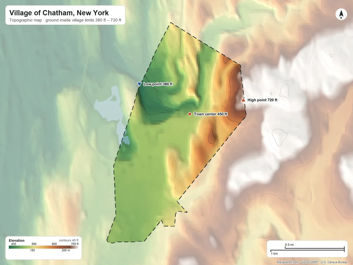 Topographic elevation map of Village of Chatham, New York, shaded from 380 ft on the northwest side to 720 ft on the east side