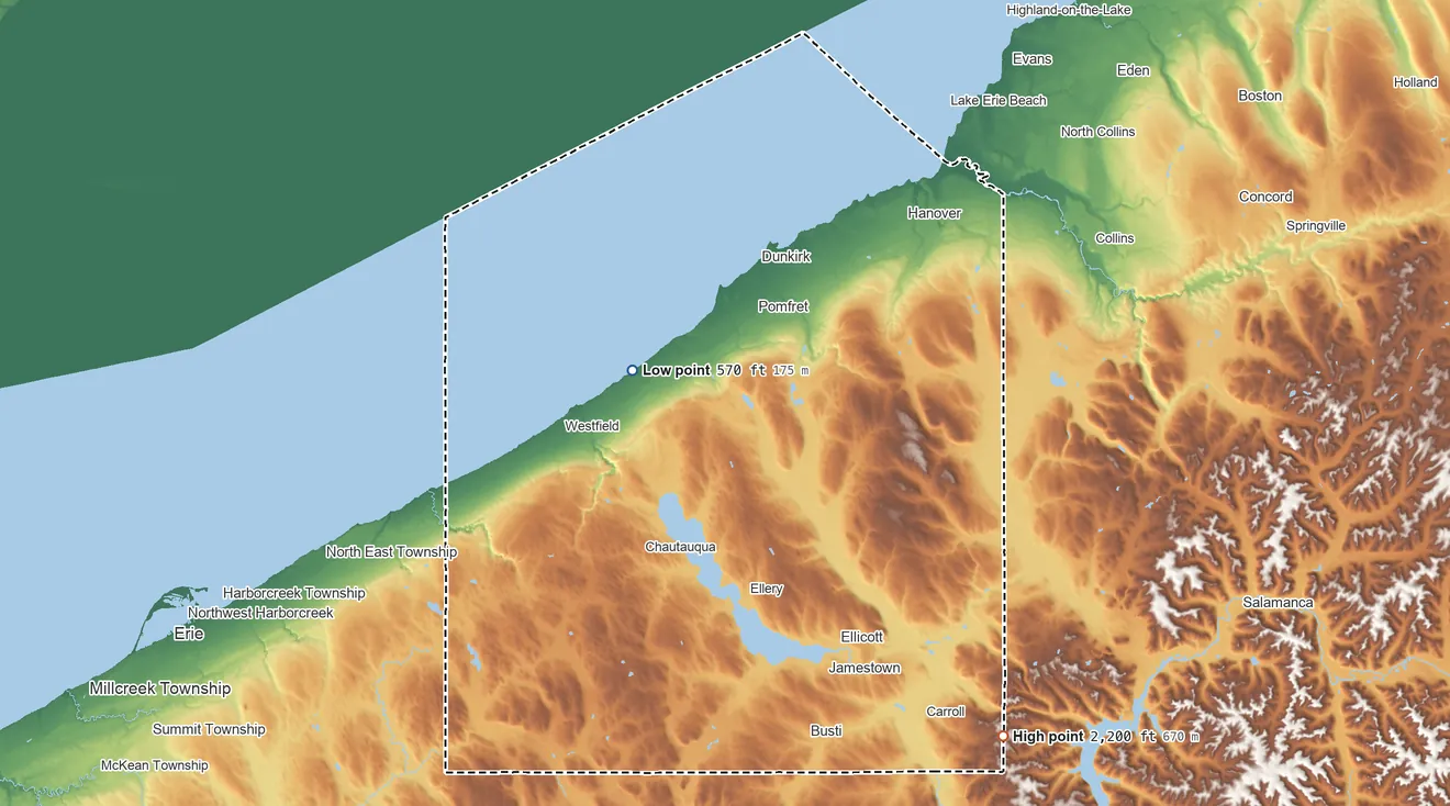 Topographic elevation map of Chautauqua County, New York, shaded from 570 ft on the west side to 2,200 ft on the southeast side