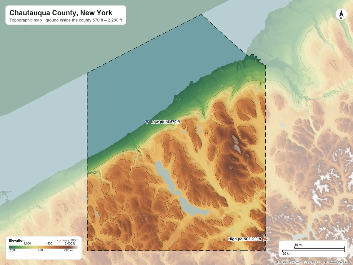Topographic elevation map of Chautauqua County, New York, shaded from 570 ft on the west side to 2,200 ft on the southeast side