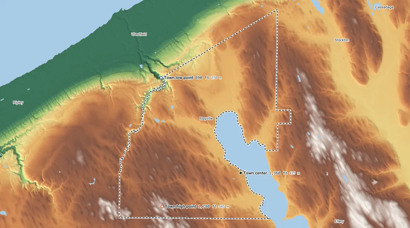 Topographic elevation map of Chautauqua, New York, shaded from 890 ft on the northwest side to 1,780 ft on the southwest side