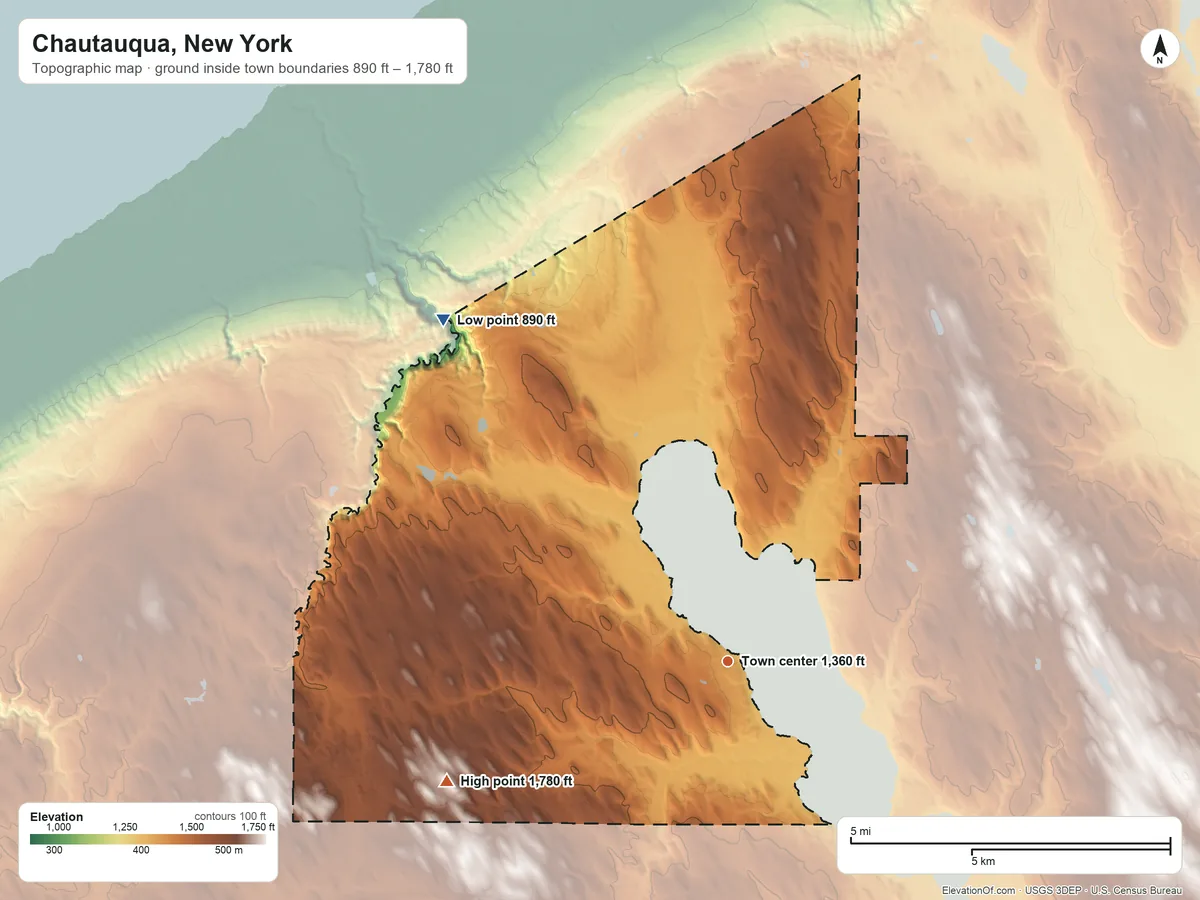 Topographic elevation map of Chautauqua, New York, shaded from 890 ft on the northwest side to 1,780 ft on the southwest side