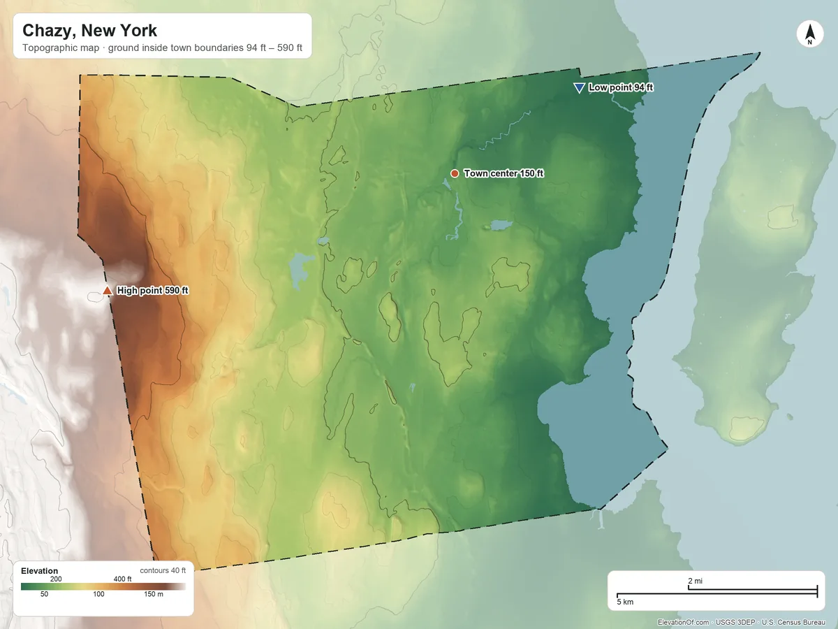 Topographic elevation map of Chazy, New York, shaded from 94 ft on the northeast side to 590 ft on the west side